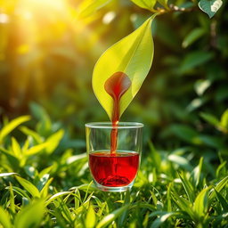 A surreal scene of a bright green tea leaf, seamlessly pouring red tea from its center into a traditional transparent tea glass