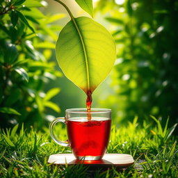 A surreal scene of a bright green tea leaf, seamlessly pouring red tea from its center into a traditional transparent tea glass