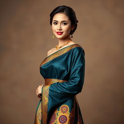 A beautiful elegant model wearing a traditional dress, showcasing a stunning songket sash, intricately woven with rich patterns and vibrant colors