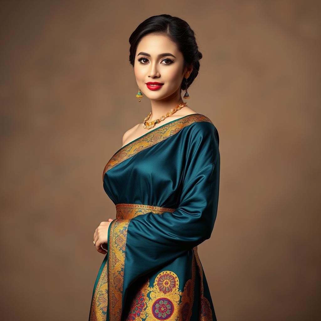 A beautiful elegant model wearing a traditional dress, showcasing a stunning songket sash, intricately woven with rich patterns and vibrant colors