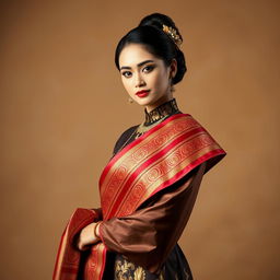 A beautiful elegant model wearing a traditional dress, showcasing a stunning songket sash, intricately woven with rich patterns and vibrant colors