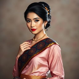 A beautiful elegant model wearing a traditional dress, showcasing a stunning songket sash, intricately woven with rich patterns and vibrant colors