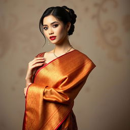 A beautiful elegant model wearing a traditional dress, showcasing a stunning songket sash, intricately woven with rich patterns and vibrant colors