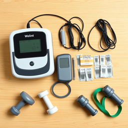 A realistic image of a wooden table with a white background, featuring various physiotherapy equipment