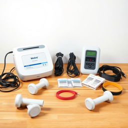 A realistic image of a wooden table with a white background, featuring various physiotherapy equipment