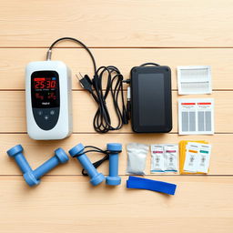 A realistic image of a wooden table with a white background, featuring various physiotherapy equipment