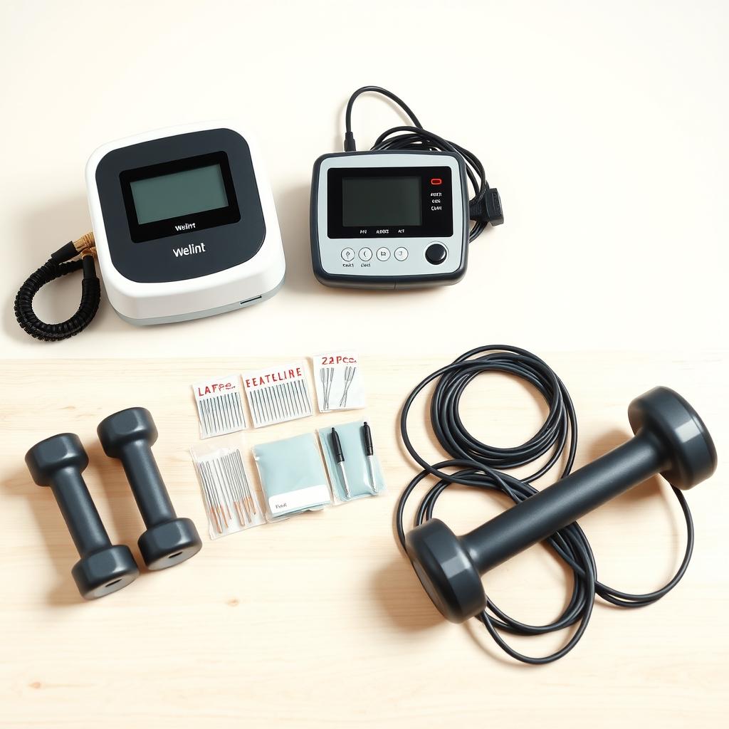 A realistic image of a wooden table with a white background, featuring various physiotherapy equipment