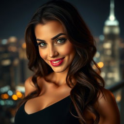 A close-up portrait of an alluring and attractive woman with long wavy brunette hair, sultry green eyes, and a captivating smile