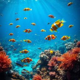 A vibrant underwater scene featuring a variety of colorful fish swimming among coral reefs