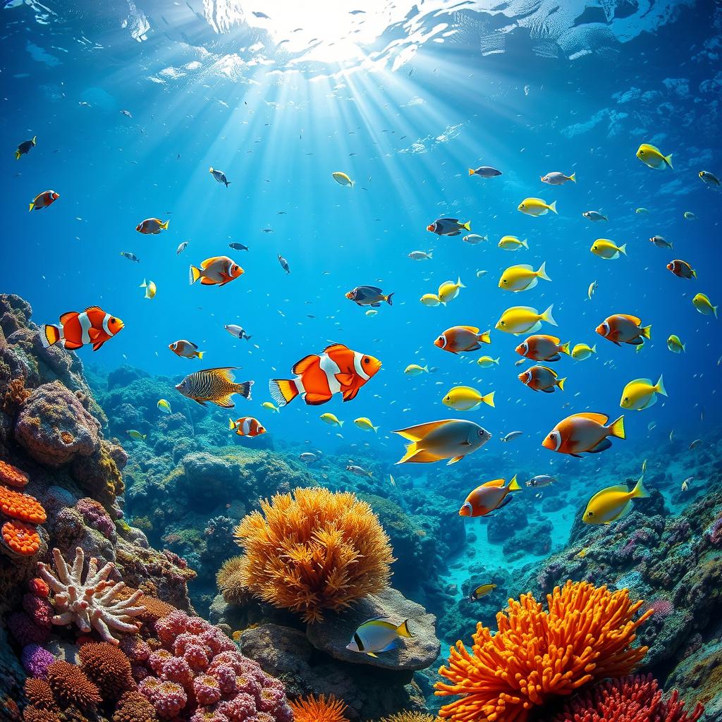 A vibrant underwater scene featuring a variety of colorful fish swimming among coral reefs