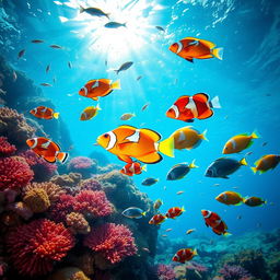 A vibrant underwater scene featuring a variety of colorful fish swimming among coral reefs