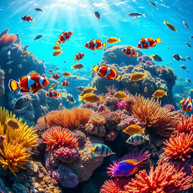 A vibrant underwater scene featuring a variety of colorful fish swimming among coral reefs