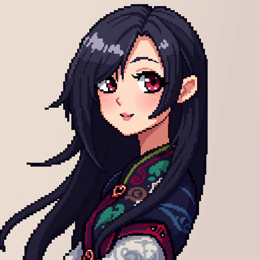 A pixel art portrait of a female character with long, flowing black hair, featuring large expressive eyes and a subtle smile