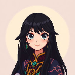 A pixel art portrait of a female character with long, flowing black hair, featuring large expressive eyes and a subtle smile