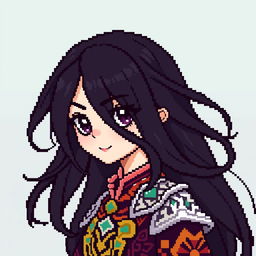 A pixel art portrait of a female character with long, flowing black hair, featuring large expressive eyes and a subtle smile