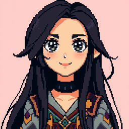 A pixel art portrait of a female character with long, flowing black hair, featuring large expressive eyes and a subtle smile