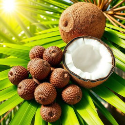 A visually stunning collage featuring pilinuts, with their distinct brown, textured shells, surrounded by vibrant green coconut leaves and a whole coconut with its rough brown exterior and the smooth, creamy white translucent flesh visible inside