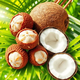A visually stunning collage featuring pilinuts, with their distinct brown, textured shells, surrounded by vibrant green coconut leaves and a whole coconut with its rough brown exterior and the smooth, creamy white translucent flesh visible inside
