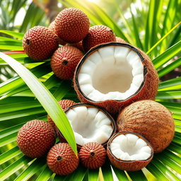 A visually stunning collage featuring pilinuts, with their distinct brown, textured shells, surrounded by vibrant green coconut leaves and a whole coconut with its rough brown exterior and the smooth, creamy white translucent flesh visible inside