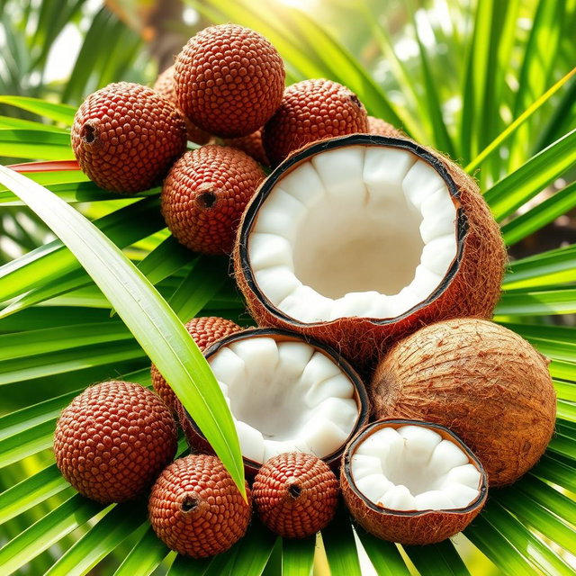A visually stunning collage featuring pilinuts, with their distinct brown, textured shells, surrounded by vibrant green coconut leaves and a whole coconut with its rough brown exterior and the smooth, creamy white translucent flesh visible inside