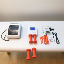 A realistic image of a treatment table with a white background, featuring the following items: a powerful physiotherapy laser device from Welint, measuring 20x30x10 cm; a physiotherapy stimulator with dimensions of 20x30x15 cm, complete with its wires; an electro-acupuncture device measuring 25x12x5 cm, along with its wires and several packs of acupuncture needles