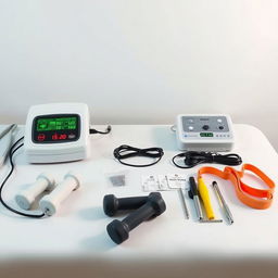 A realistic image of a treatment table with a white background, featuring the following items: a powerful physiotherapy laser device from Welint, measuring 20x30x10 cm; a physiotherapy stimulator with dimensions of 20x30x15 cm, complete with its wires; an electro-acupuncture device measuring 25x12x5 cm, along with its wires and several packs of acupuncture needles