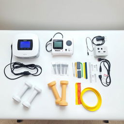 A realistic image of a treatment table with a white background, featuring the following items: a powerful physiotherapy laser device from Welint, measuring 20x30x10 cm; a physiotherapy stimulator with dimensions of 20x30x15 cm, complete with its wires; an electro-acupuncture device measuring 25x12x5 cm, along with its wires and several packs of acupuncture needles