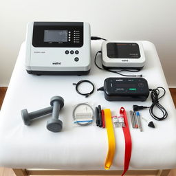 A realistic image of a treatment table with a white background, featuring the following items: a powerful physiotherapy laser device from Welint, measuring 20x30x10 cm; a physiotherapy stimulator with dimensions of 20x30x15 cm, complete with its wires; an electro-acupuncture device measuring 25x12x5 cm, along with its wires and several packs of acupuncture needles
