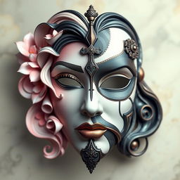 A strikingly artistic mask that elegantly merges half feminine and half masculine features, showcasing the beauty of both genders