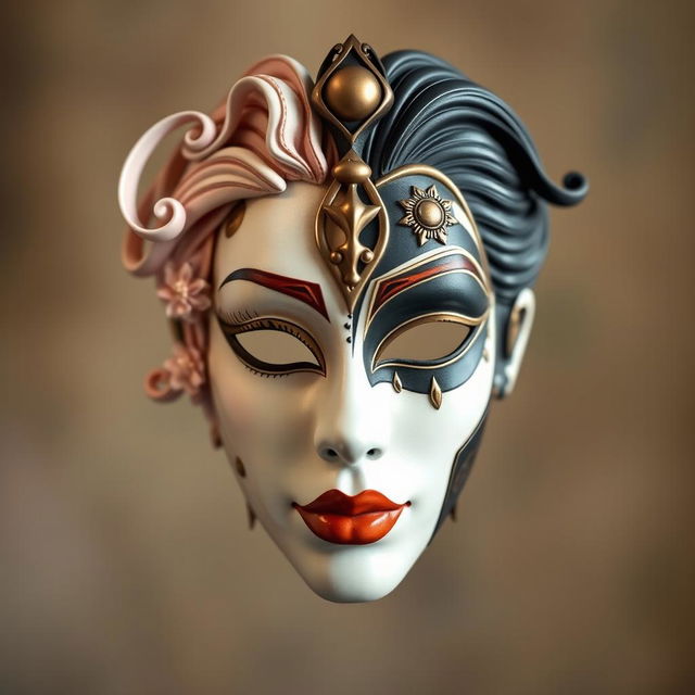 A strikingly artistic mask that elegantly merges half feminine and half masculine features, showcasing the beauty of both genders