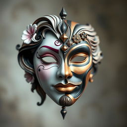 A strikingly artistic mask that elegantly merges half feminine and half masculine features, showcasing the beauty of both genders