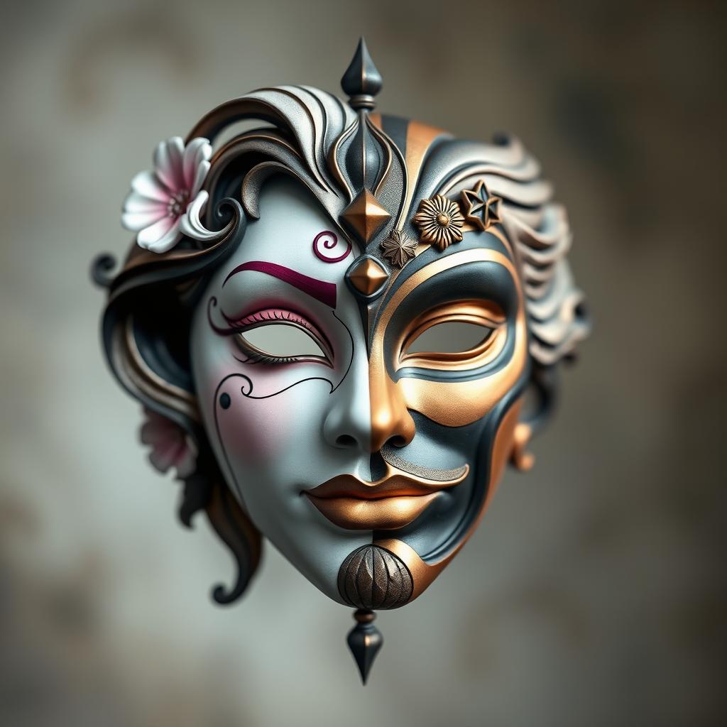 A strikingly artistic mask that elegantly merges half feminine and half masculine features, showcasing the beauty of both genders