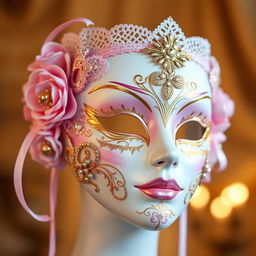 A beautiful and intricate feminine mask, adorned with delicate lace and shimmering sequins