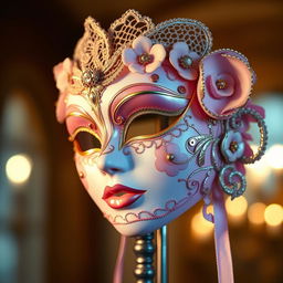 A beautiful and intricate feminine mask, adorned with delicate lace and shimmering sequins