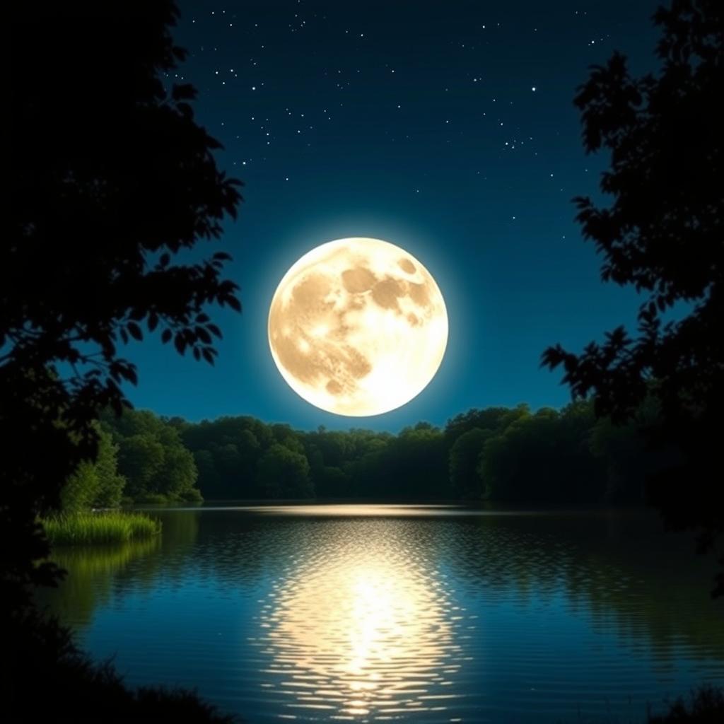 A picturesque night scene featuring a bright, full moon illuminating a serene landscape