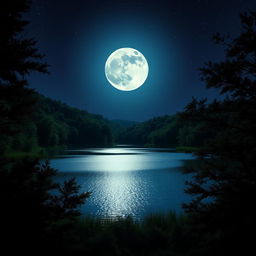 A picturesque night scene featuring a bright, full moon illuminating a serene landscape