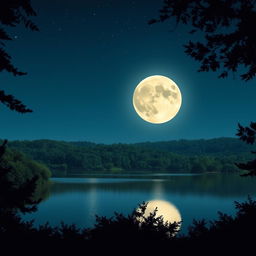 A picturesque night scene featuring a bright, full moon illuminating a serene landscape