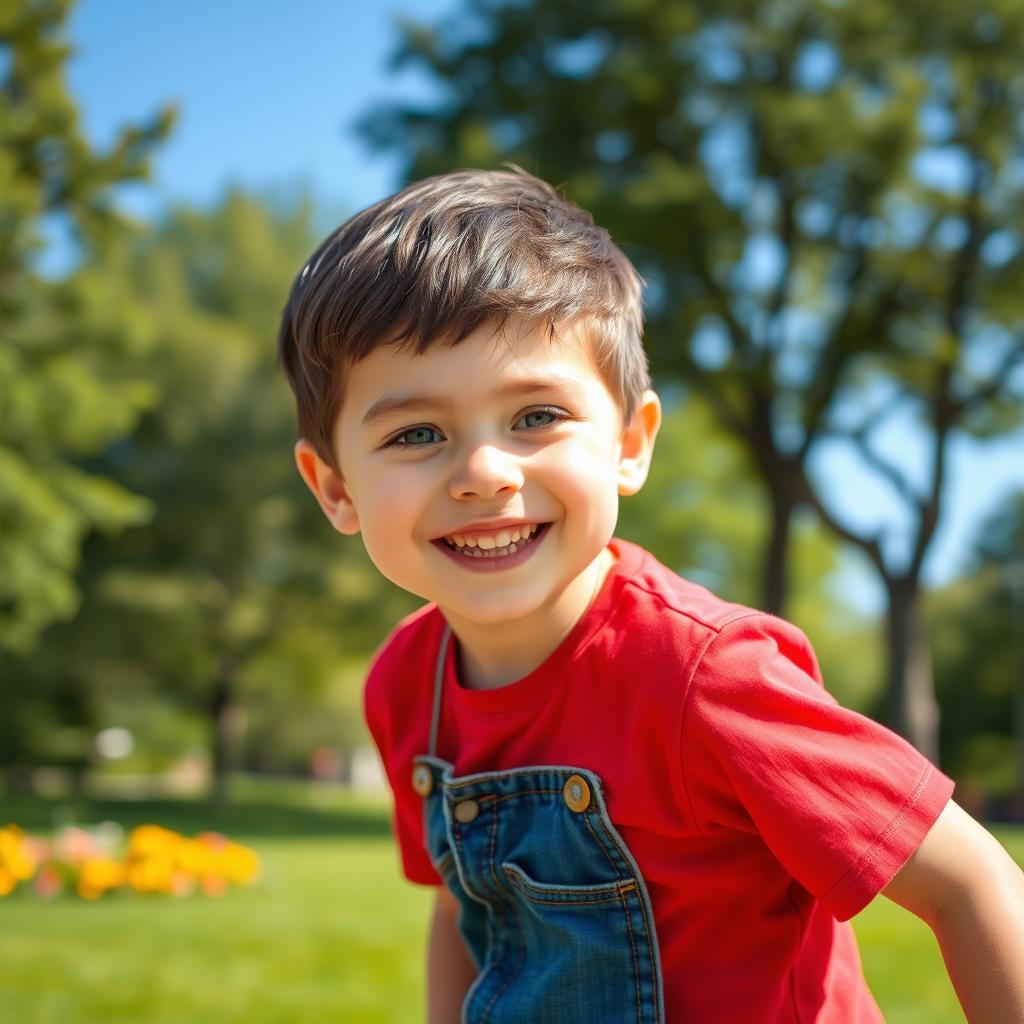 A high-quality portrait of a young boy, smiling joyfully while playing in a sunny park