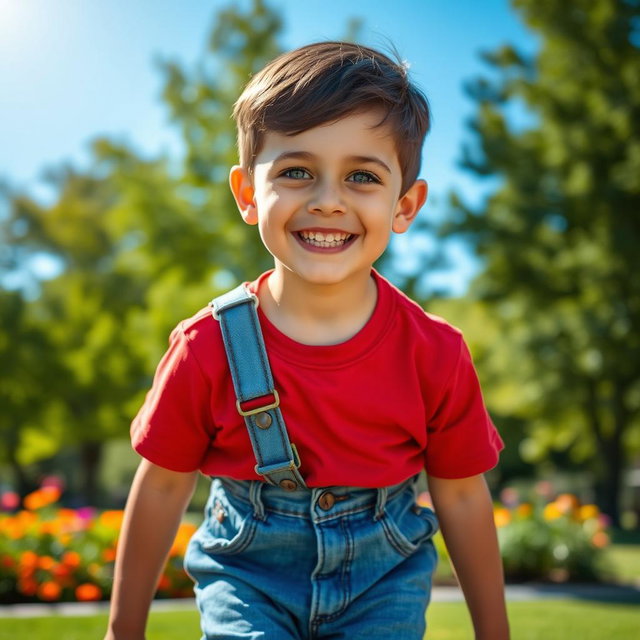 A high-quality portrait of a young boy, smiling joyfully while playing in a sunny park