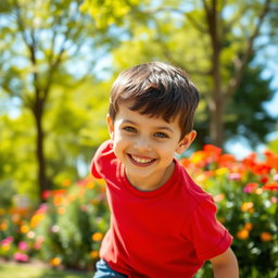 A high-quality portrait of a young boy, smiling joyfully while playing in a sunny park