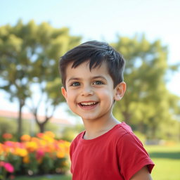 A high-quality portrait of a young boy, smiling joyfully while playing in a sunny park