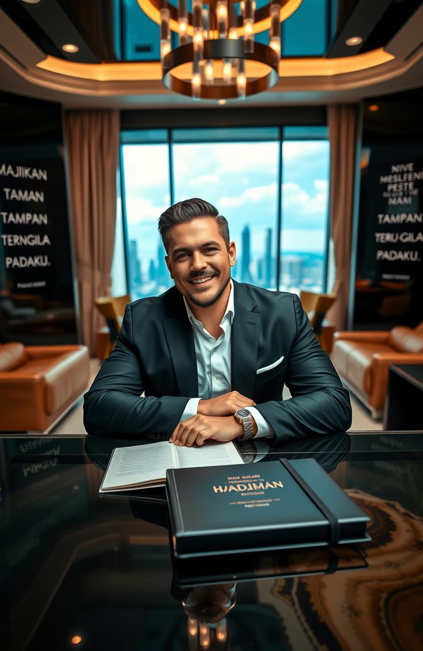 A powerful and handsome CEO, exuding confidence and charisma, sits at his luxurious modern office desk with a stunning cityscape view in the background