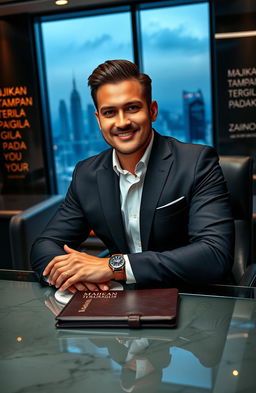 A powerful and handsome CEO, exuding confidence and charisma, sits at his luxurious modern office desk with a stunning cityscape view in the background