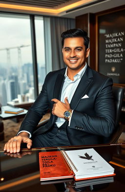 A powerful and handsome CEO, exuding confidence and charisma, sits at his luxurious modern office desk with a stunning cityscape view in the background