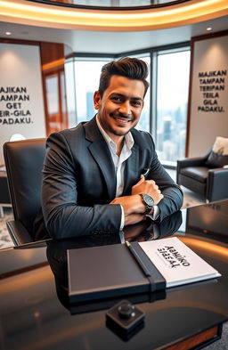 A powerful and handsome CEO, exuding confidence and charisma, sits at his luxurious modern office desk with a stunning cityscape view in the background