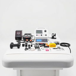 A realistic image of a physiotherapy treatment table set against a white background, viewed from a tilted angle
