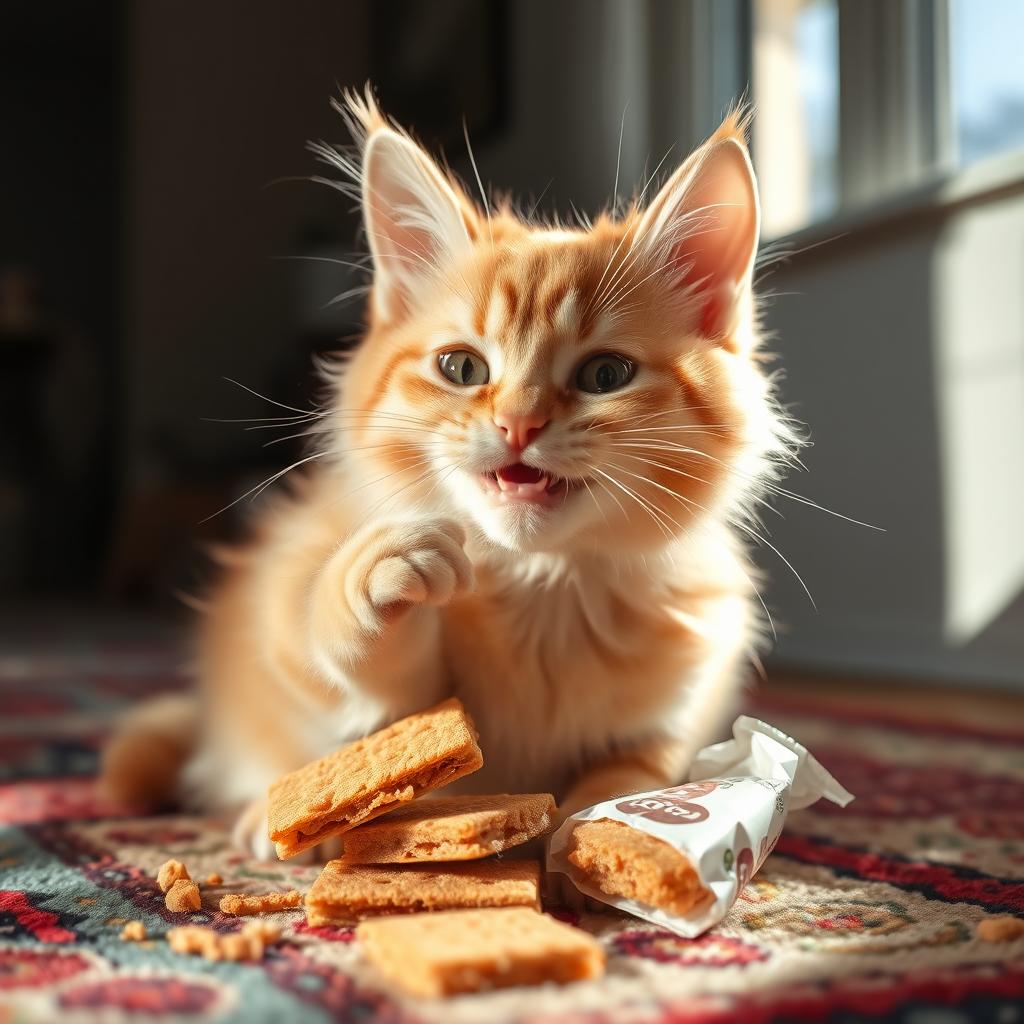 A cute and fluffy cat happily eating graham crackers, playful expression on its face, crumbs scattered around