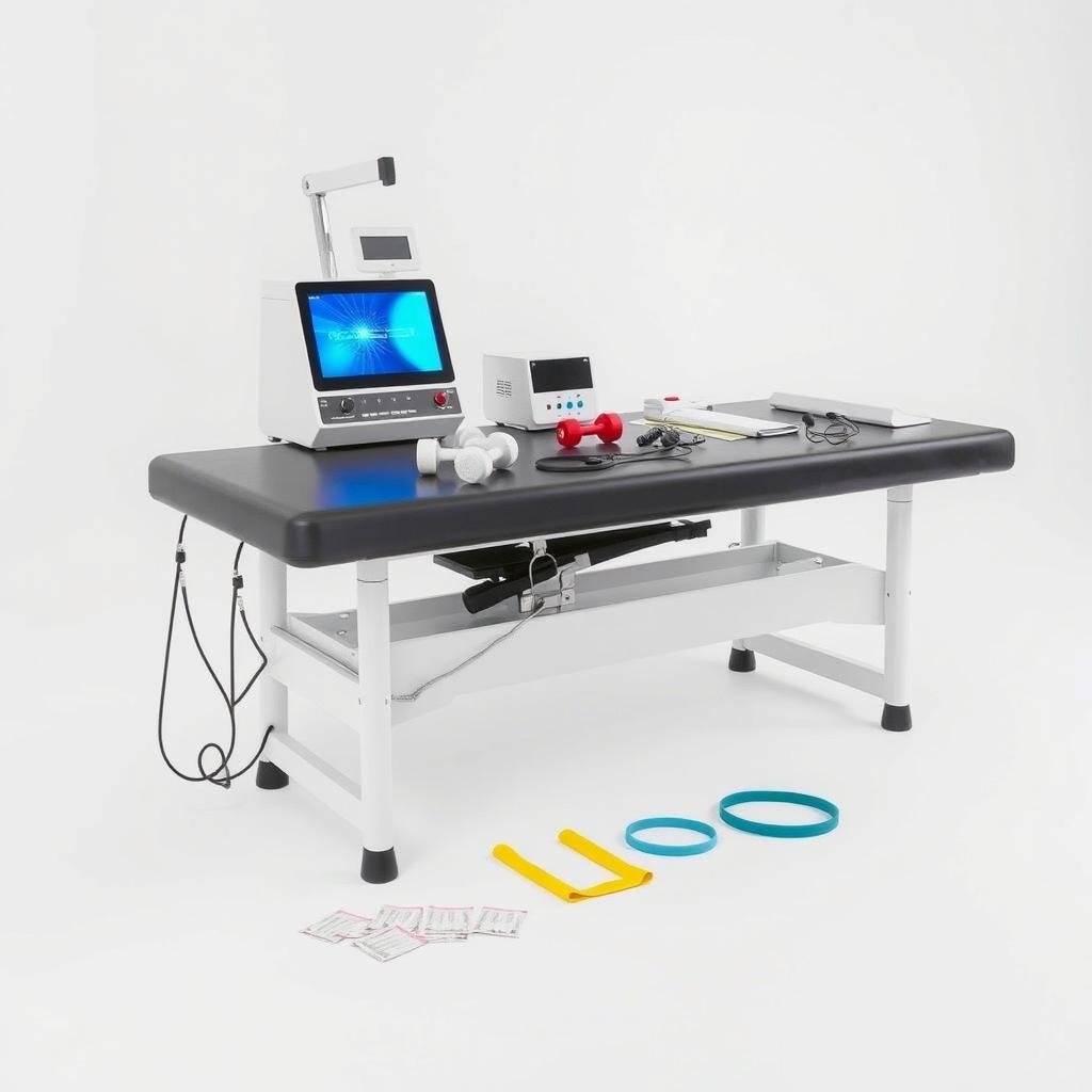 A realistic image of a physiotherapy table set against a white background, viewed from a slight angle