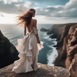 A confident model stands on the edge of a stunning cliff, with their hair ruffled by the wind. The scene evokes a sense of inspiration and dreams.