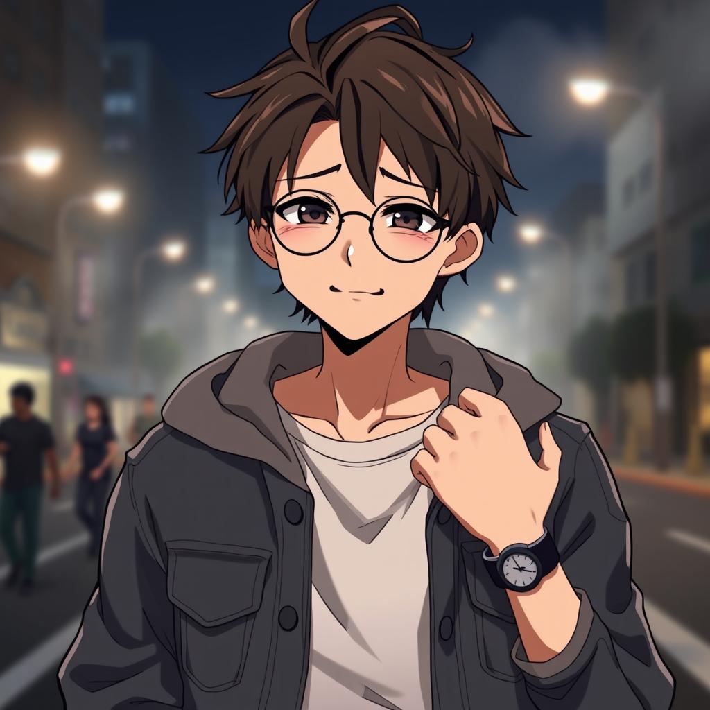 A male anime character with a disheveled appearance, featuring a slightly unkempt hairstyle with some gel